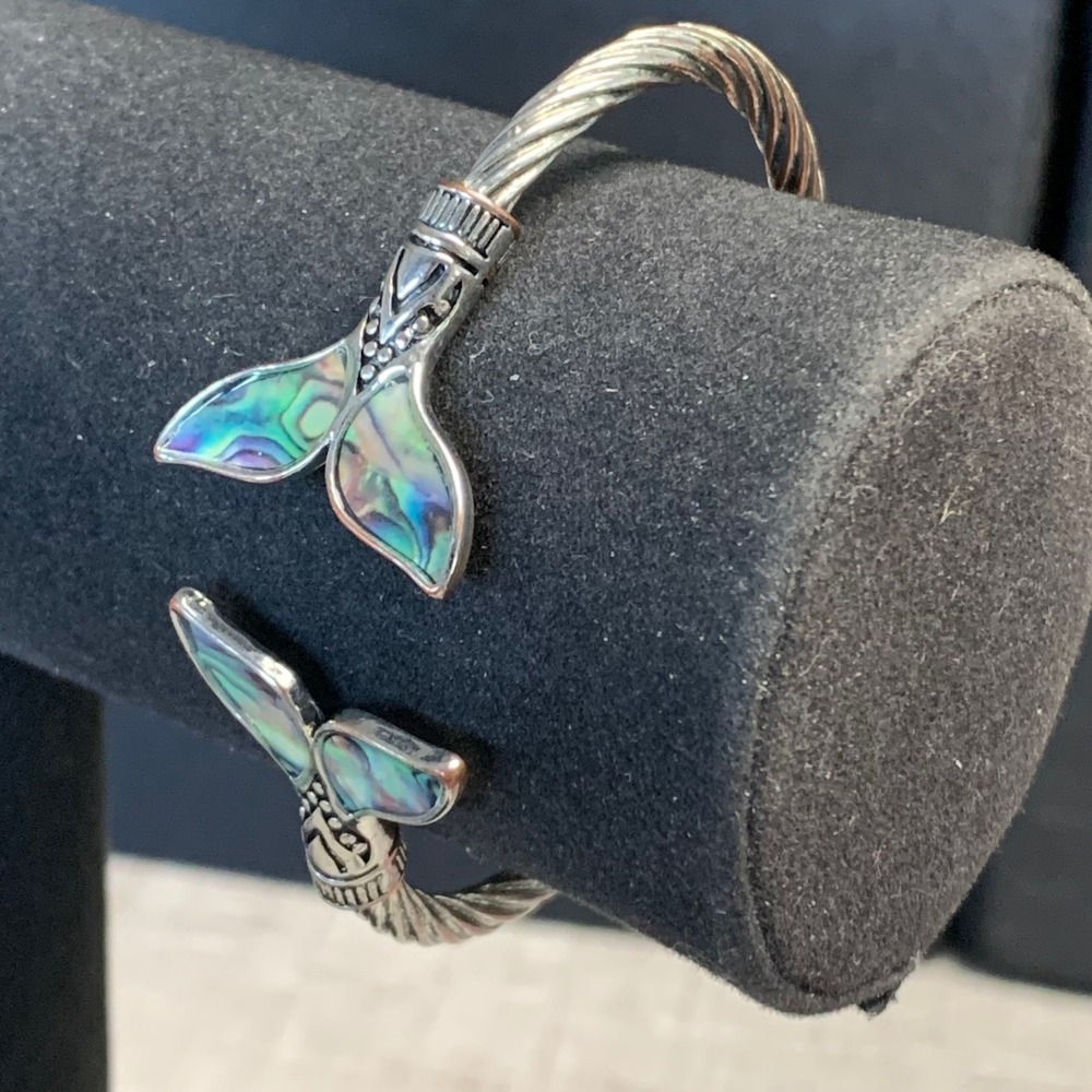 Silver Tone Twisted Cable Abalone Whale Tail Bypass Cuff Bracelet Nautical